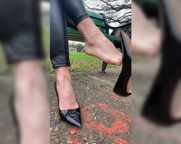 Goddess Vanessa aka Pretty_feet_39 OnlyFans - Do you like watching me dangle my heels in public Ps behind me the guys was playing football I’