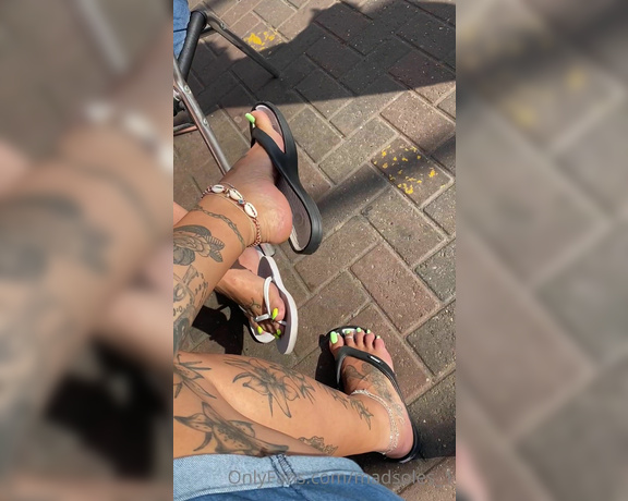 MsMaddy aka Madsoles_1 OnlyFans - Having a cheeky dangle whilst having a coffee at the market with @solefulsassy From both views 1