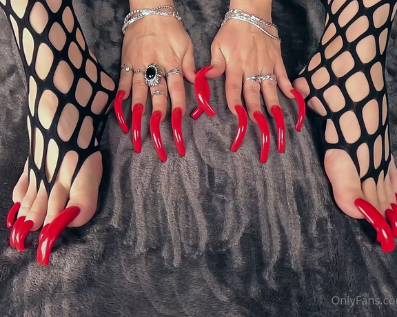 Lora Long Nails aka Loralongnails OnlyFans - Black fishnet stockings and red nails