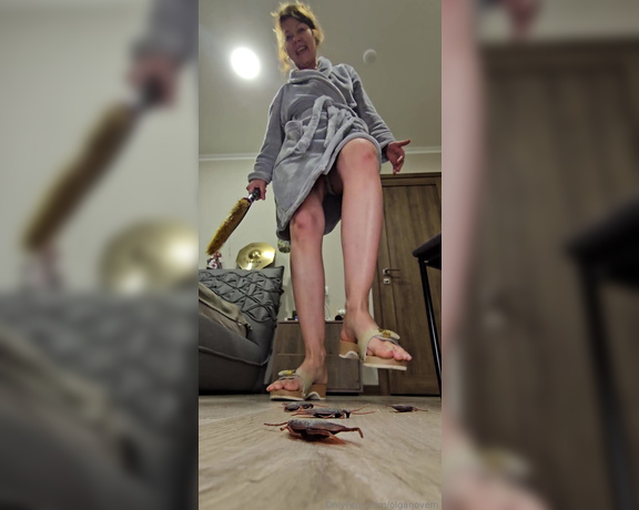 Olga Infinity aka Olganovem OnlyFans - Angry Giantess crushes cockroaches (plastic) in clogs Natural toenails