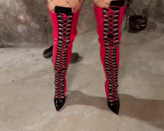 Calea Toxic aka Caleatoxic OnlyFans - Long red lace up boots and ultra skimpy PVC body  behind the scenes video from todays clip shoot
