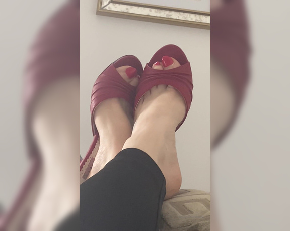 Miss Harriet aka Redtoes Onlyfans - Relaxing in my Red mules on my sofa