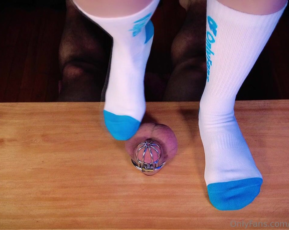 DominaFitness aka dominafitness OnlyFans - Received some fun new socks to crush his balls with Chastity + the trample box is always such a fun