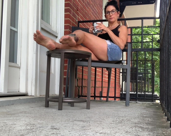 Temptress Raven Eve aka evetemptress OnlyFans - Dirty FEET & My perfect Legs! Making you sit on the corner of the balcony ignoring you while I drink