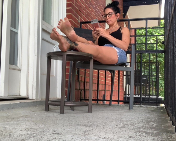 Temptress Raven Eve aka evetemptress OnlyFans - Dirty FEET & My perfect Legs! Making you sit on the corner of the balcony ignoring you while I drink