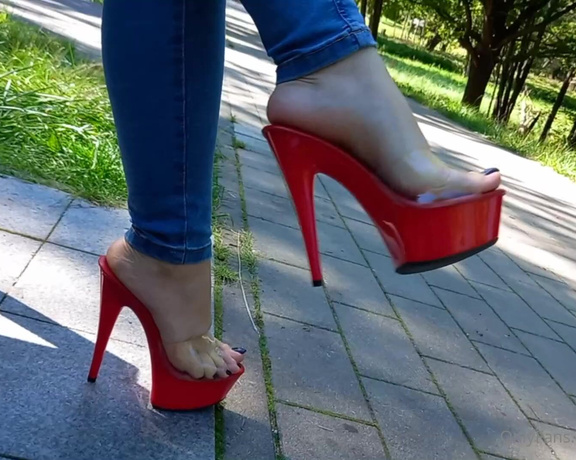 Madiheels aka madiheels OnlyFans - Red stripper shoes in the park