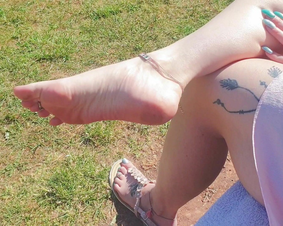 GreatBritishFeet aka solecatcher OnlyFans - A Foot Goddess on a public bench, dangling her sandals and teasing with her soft wrinkled