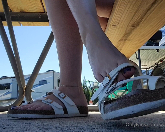 Megan Fletcher aka sweetsoleprincess OnlyFans - Playing with my flip flops under the picnic table The maintenence guys kept driving by in their