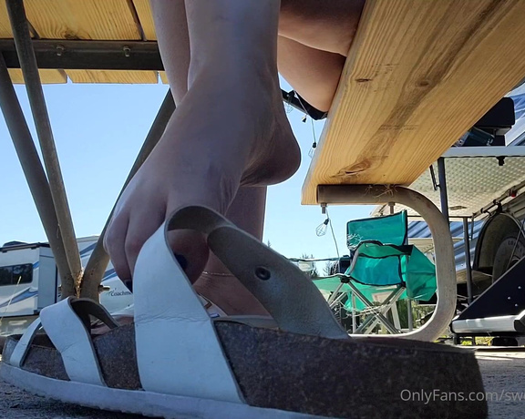 Megan Fletcher aka sweetsoleprincess OnlyFans - Playing with my flip flops under the picnic table The maintenence guys kept driving by in their