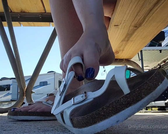 Megan Fletcher aka sweetsoleprincess OnlyFans - Playing with my flip flops under the picnic table The maintenence guys kept driving by in their