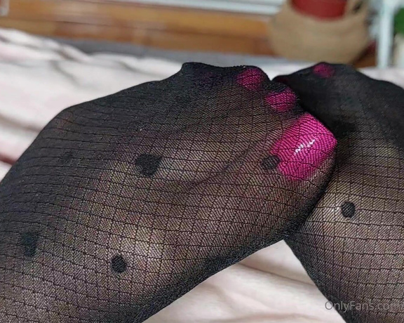 Mica Sandy aka sandysmallfeet OnlyFans - Black see trough stockings with a tiny black hearts, hot pink pedi ,oil and me moaning softly