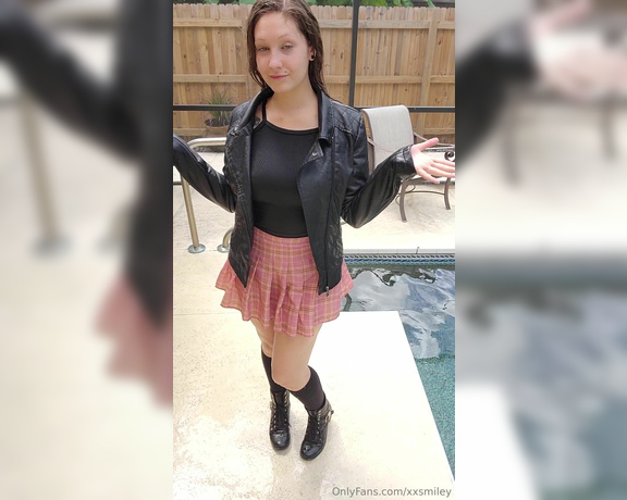 XXSmiley aka xxsmiley OnlyFans - School uniform skirt, boots and leather jacket in the pool Before and after the wetlook
