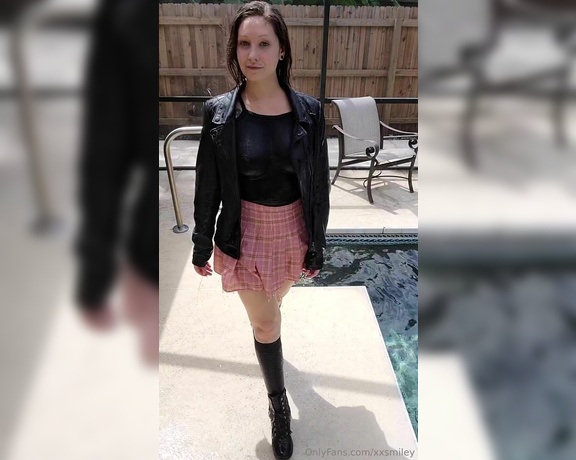 XXSmiley aka xxsmiley OnlyFans - School uniform skirt, boots and leather jacket in the pool Before and after the wetlook