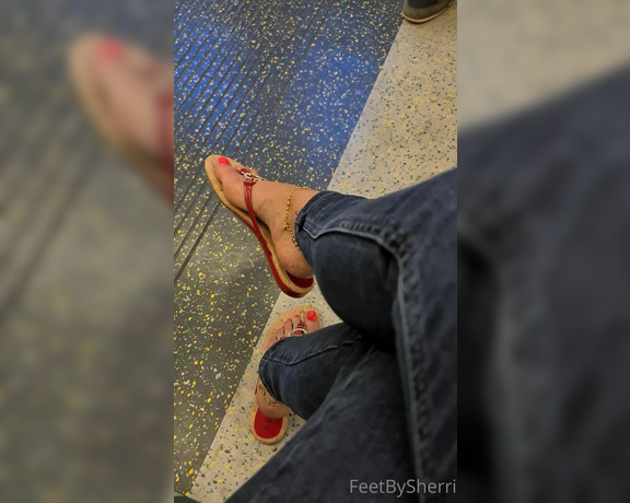 FeetBySherri aka feetbysherri OnlyFans - Wearing Guess thonged flats on the train