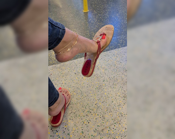 FeetBySherri aka feetbysherri OnlyFans - Wearing Guess thonged flats on the train