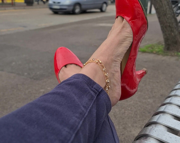 FeetBySherri aka feetbysherri OnlyFans - Dangling on the high street in my red shoes