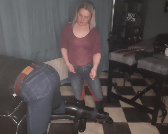 Mistress Athena aka mistressathena OnlyFans - Mistress & sub in denim johdpurs with classic rubber riding boots Mistress taking the crop