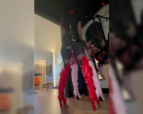 Maîtresse Parker aka maitresseparker OnlyFans - Barbie gets fucked standing she in light pink thigh boots and me with my red thigh boots, she loses 603672