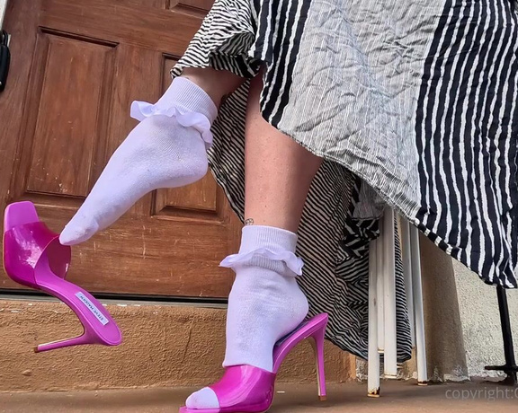 CatPrincess aka catprincessfeet OnlyFans - 06-21-2024 - Frilly white socks and clear purple stiletto heels foot show with dangle drop, size 9 mature feet,