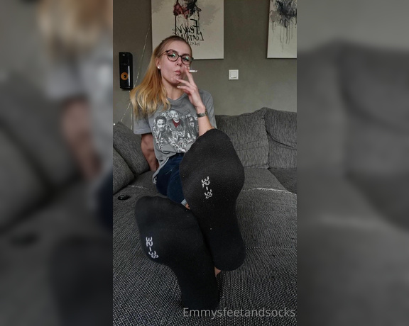 Emmysfeetandsocks aka Emmyfeetandsocks OnlyFans - Smoking a cigarette while you adore my smelly shiny socks can you behave not to jerk off I thin