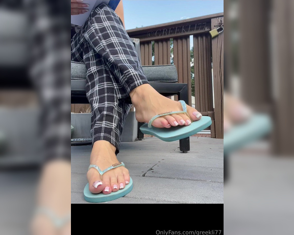 Greek Goddess Li aka Greekli77 OnlyFans - Blue glitter shoe dangling and flip flop tapping as I read this textbook for class