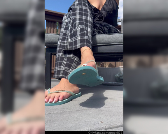 Greek Goddess Li aka Greekli77 OnlyFans - Blue glitter shoe dangling and flip flop tapping as I read this textbook for class